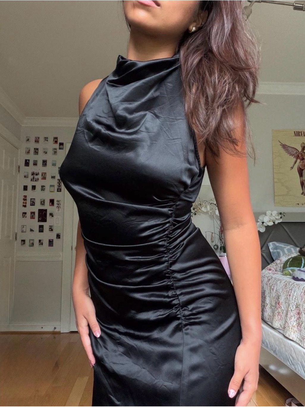 Ted Baker London Black Satin Cowl-Neck Ruched Maxi Dress